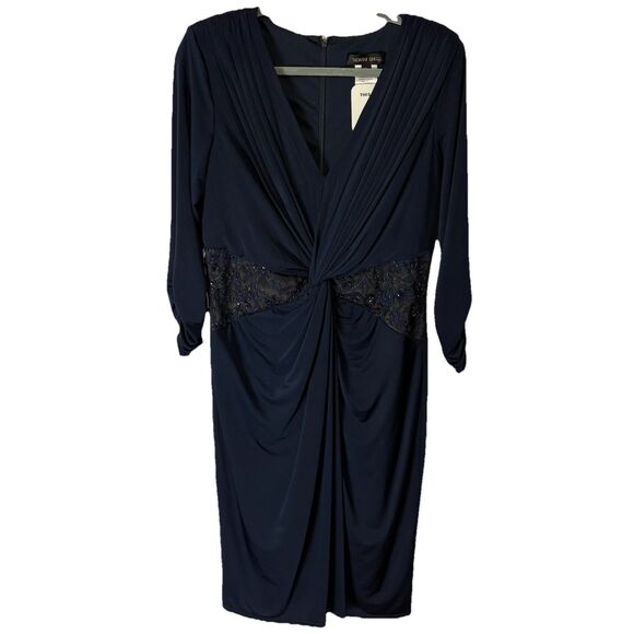 NWT Tadashi Shoji Twist-Drape Dress Long Sleeve Knot Front Sz XL Flattering MOB - Picture 1 of 12